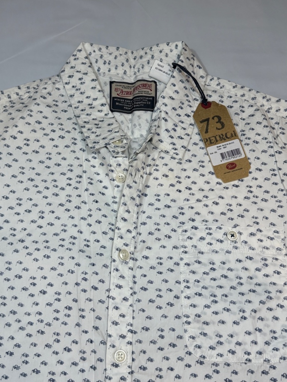 Petrol industries men’s 2XL white blue geometric button shirt, new cotton blend